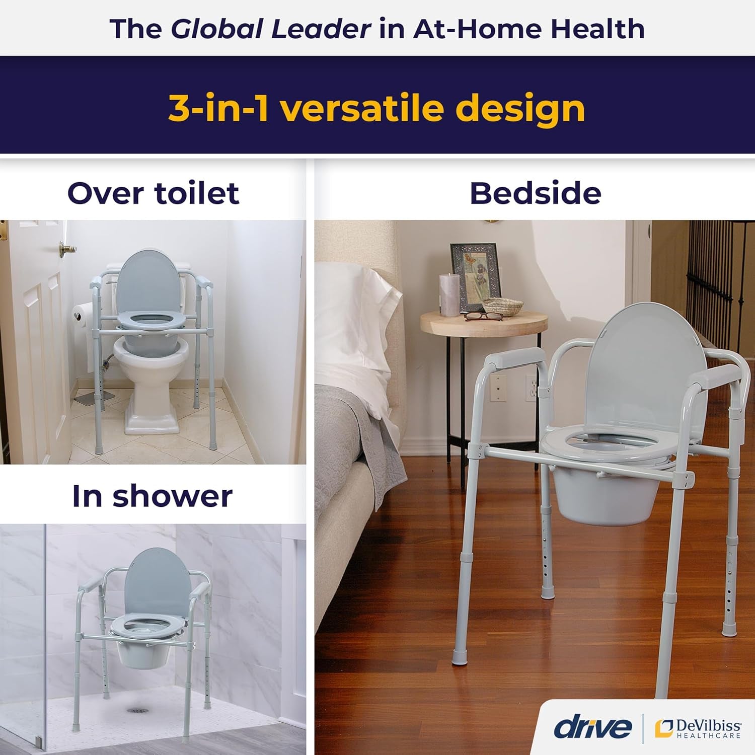 11148-1 Folding Steel Bedside Commode Chair, Portable Toilet, Supports Individuals Weighing up to 350 Lbs, with 7.5 Qt. Bucket and 13.5 Inch Seat, Grey