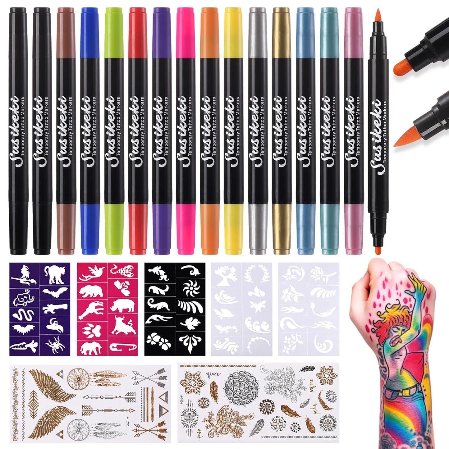 Temporary Tattoo Markers for Skin,15Pcs Dual-Ended Tattoo Pen + 50 Paint Stencils + 43 Tattoos Stickers,Glitter & Matte & Neon Glow Body Marker Set, Removable Fake Tattoos Kit for Teens and Adult