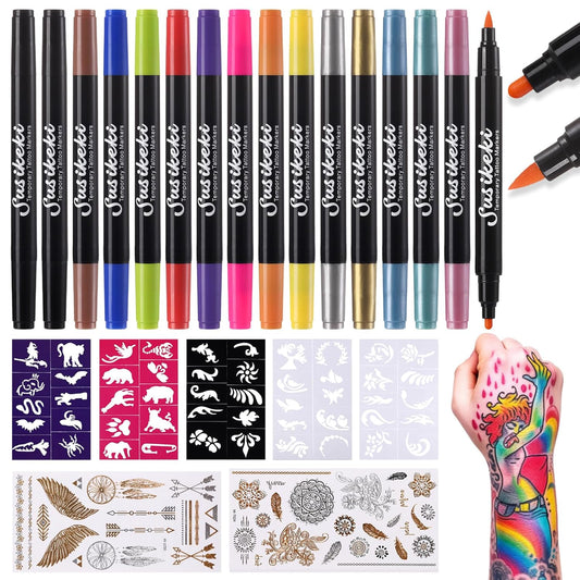 Temporary Tattoo Markers for Skin,15Pcs Dual-Ended Tattoo Pen + 50 Paint Stencils + 43 Tattoos Stickers,Glitter & Matte & Neon Glow Body Marker Set, Removable Fake Tattoos Kit for Teens and Adult