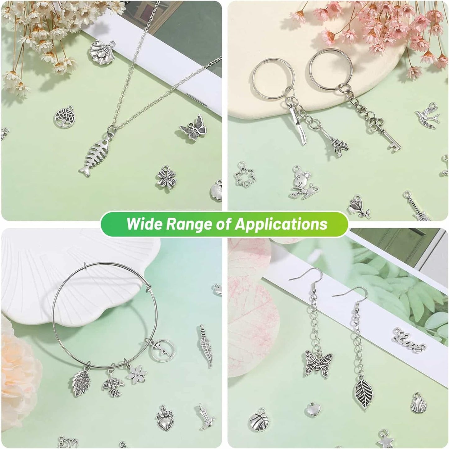 200Pcs Silver Charms for Jewelry Making and Bracelets, Wholesale Bulk Assorted Mixed Tibetan Earring Charms for DIY Necklace Bracelet Jewelry Making and Crafting