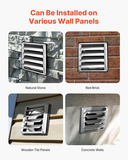 6 Inch Wall Vent Cover, Louvered Square AC Vent Gable Cover, Premium Stainless Steel & with Noise Reducing Rubber Gasket, for House,Bathroom,Garage,Kitchen,Basement (1 Pack, Silver)
