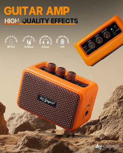 Mini Guitar Amplifier - 5W Dual Speaker BT Wireless Guitar Amp， Rechargeable Battery, Clean/Overdrive Modes, Headphone Jack,Ideal for Practice & Performance (Orange)