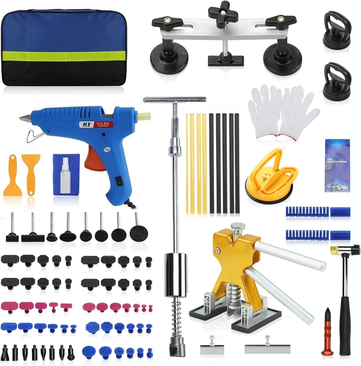 100 PCS Car Dent Puller Kit Professional,Dent Puller with Bridge Puller,Golden Lifter,2-In-1 T-Shaped Hammer Puller,Glue Gun,For Repairing Minor and Deep Dents in Auto.