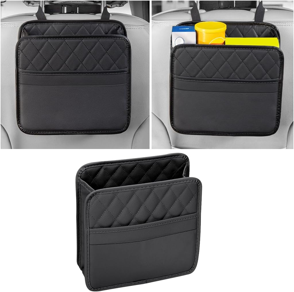 Car Seat Back Organizer, PU Leather Vehicle Backseat Hanging Storage Pocket, Multipurpose Auto Travel Essentials Accessories for Kids & Adults, Universal for Most Cars (Black)