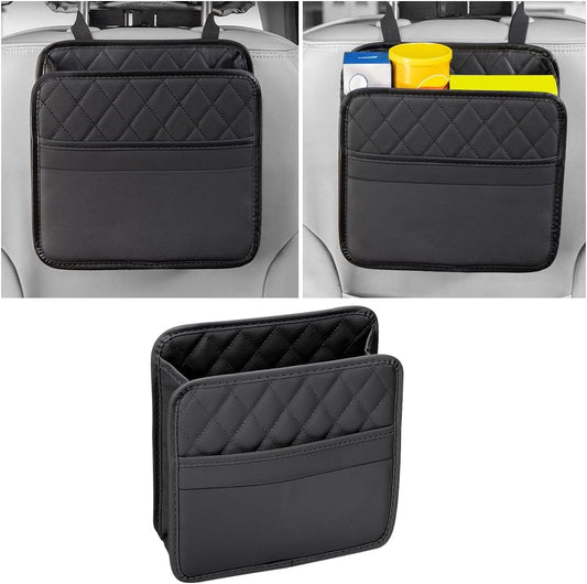 Car Seat Back Organizer, PU Leather Vehicle Backseat Hanging Storage Pocket, Multipurpose Auto Travel Essentials Accessories for Kids & Adults, Universal for Most Cars (Black)