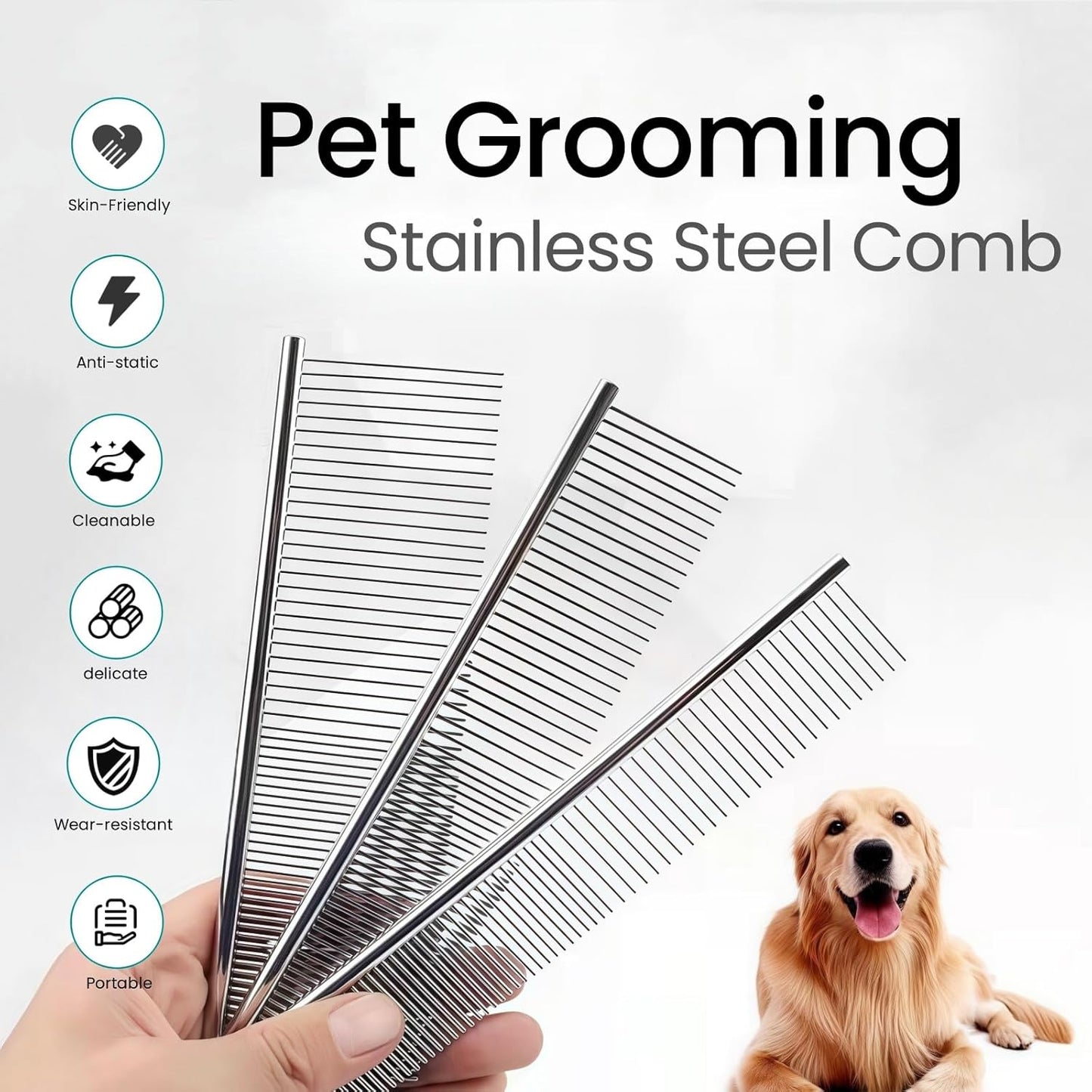 [3 Pack] Stainless Steel Pet Comb Set – Grooming Combs for Dogs & Cats, Large Medium Small Sizes – Detangler, Undercoat Rake, Flea Removal Tool for Long, Short, Curly Hair
