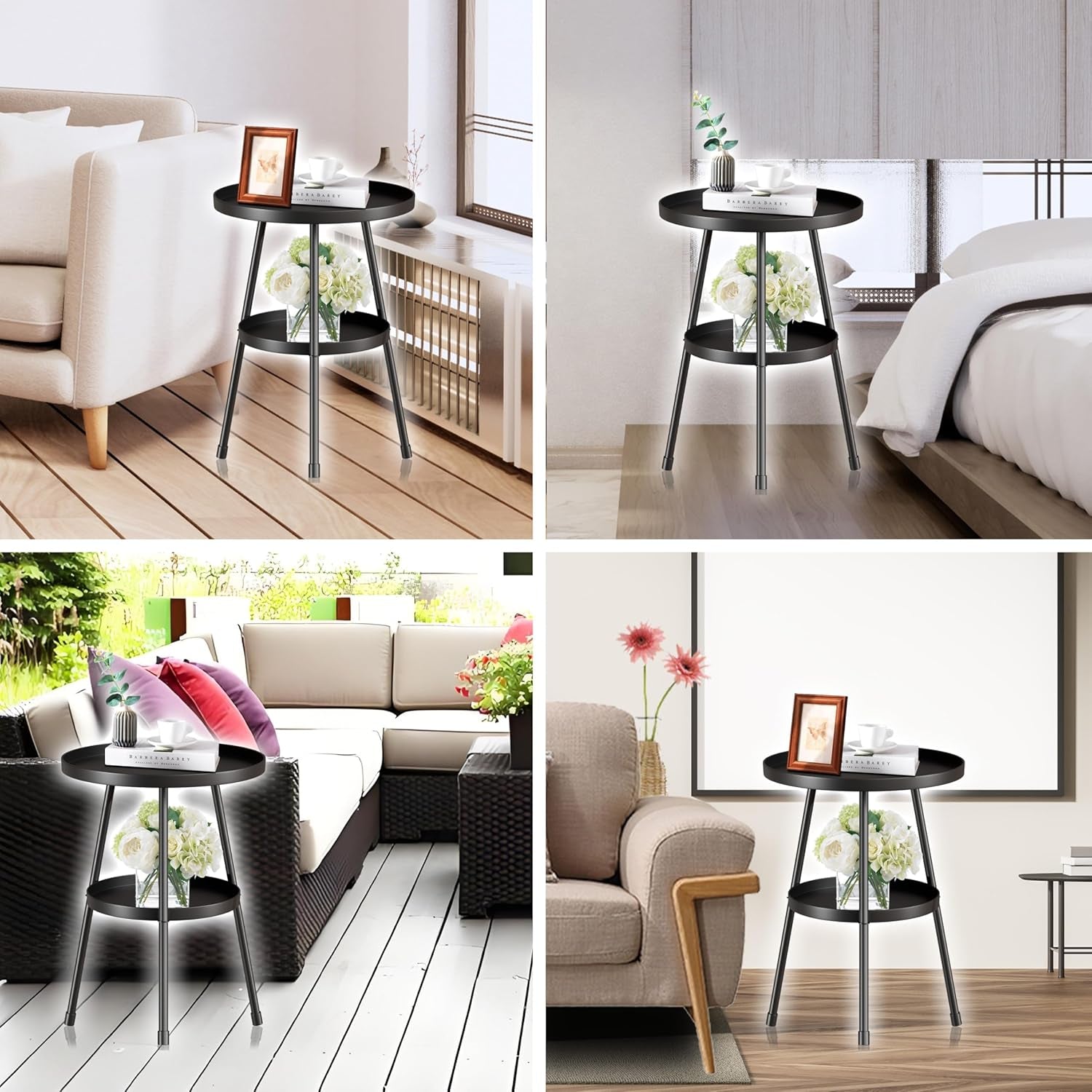 round Metal Side Table Small End Table for Indoor Outdoor, Mid Century Modern Decor, Simple Circle Accent Table for Living Room Bedroom Bathroom Office All Matte Black