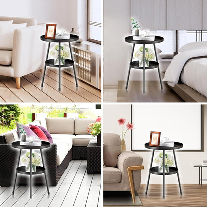 round Metal Side Table Small End Table for Indoor Outdoor, Mid Century Modern Decor, Simple Circle Accent Table for Living Room Bedroom Bathroom Office All Matte Black