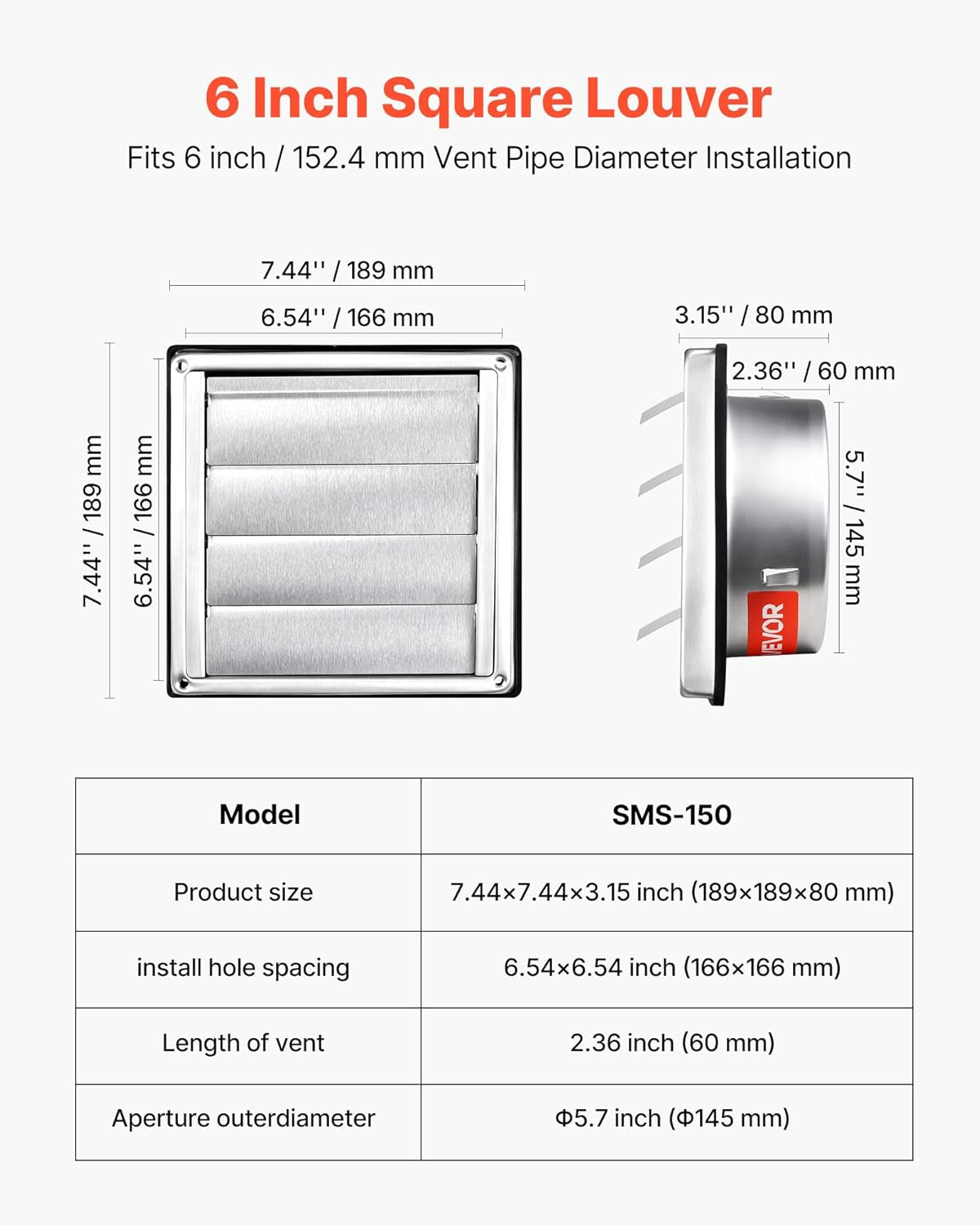 6 Inch Wall Vent Cover, Louvered Square AC Vent Gable Cover, Premium Stainless Steel & with Noise Reducing Rubber Gasket, for House,Bathroom,Garage,Kitchen,Basement (1 Pack, Silver)