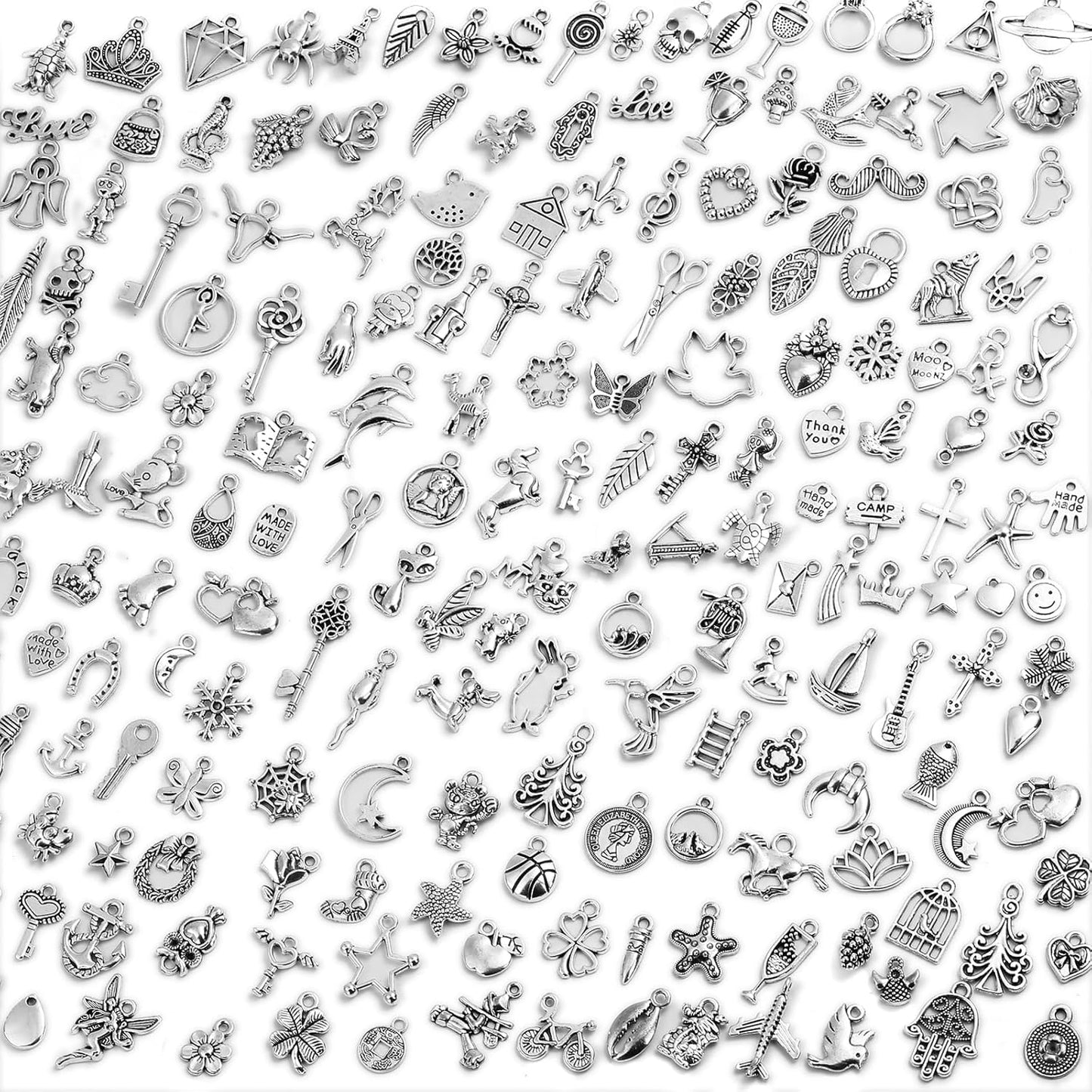200Pcs Silver Charms for Jewelry Making and Bracelets, Wholesale Bulk Assorted Mixed Tibetan Earring Charms for DIY Necklace Bracelet Jewelry Making and Crafting