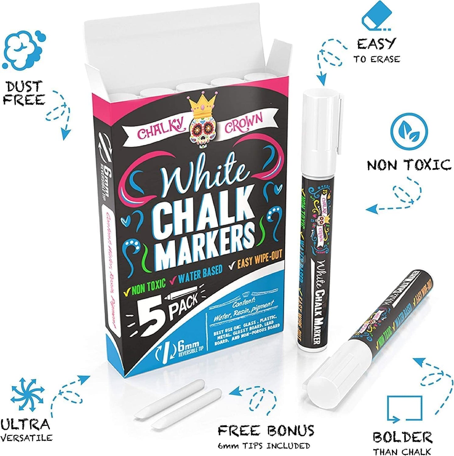 Liquid Chalk Marker Pen - White Drawing Chalk - Chalkboard Markers for Chalkboard Signs, Windows, Blackboard, Glass - 6Mm Reversible Tip (5 Pack)