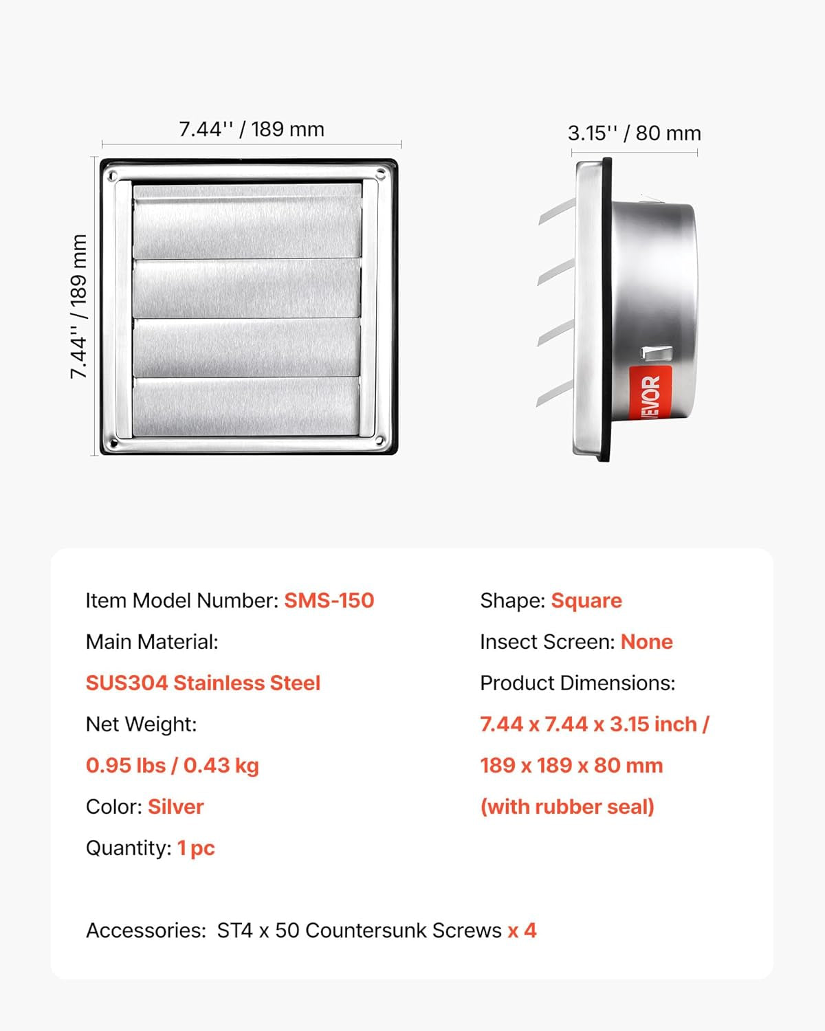 6 Inch Wall Vent Cover, Louvered Square AC Vent Gable Cover, Premium Stainless Steel & with Noise Reducing Rubber Gasket, for House,Bathroom,Garage,Kitchen,Basement (1 Pack, Silver)