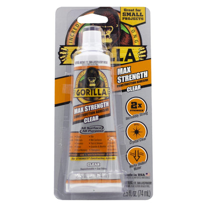 Max Strength Construction Adhesive, Clear Glue, 2.5 Ounce Squeeze Tube (Pack of 2) - Gap Filling and Waterproof