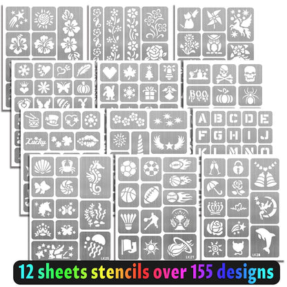 Temporary Tattoo Markers for Kids and Adults, 12 Metallic Markers and 155 Tattoo Stencil Designs, Cosmetic Tattoos Pens for Party Favor Gift and Face Painting