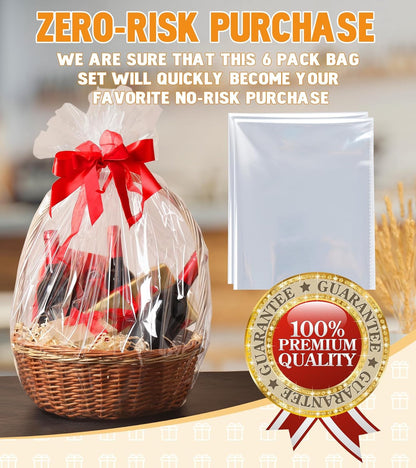 6PCS Extra Large Cellophane Bags, 30X40 Inches Clear Cellophane Wrap for Gift Baskets, Jumbo Huge Packaging Clear Gift Bags 2.8 Mil Thick