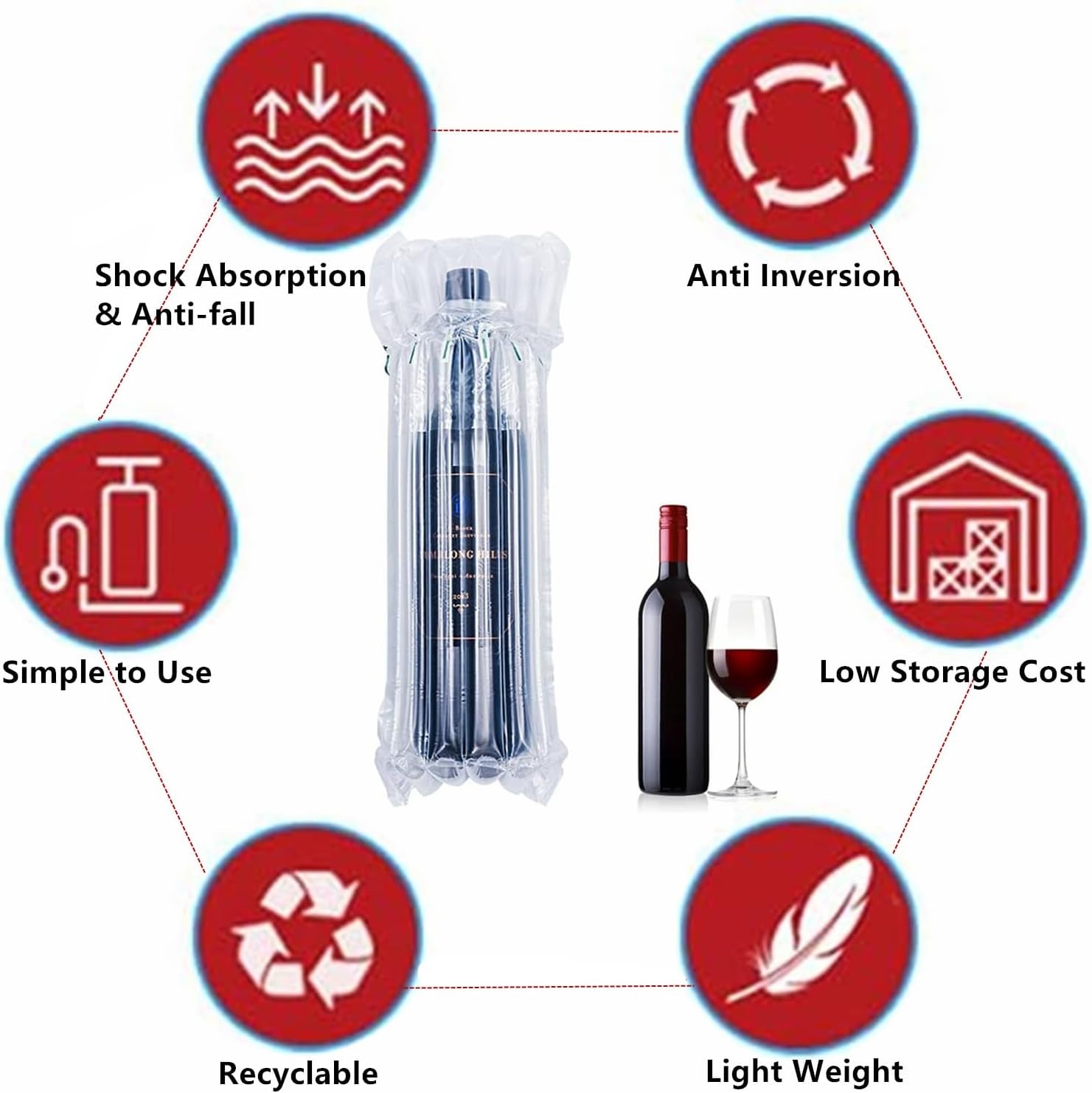 Wine Bottle Protector Bag for Travel, 50 Packs Inflatable Packaging Bubble Wrap for Wine Fruit Glass Bottle, Inflatable Air Column Cushion Bags with Free Pump in Airplane Cushioning
