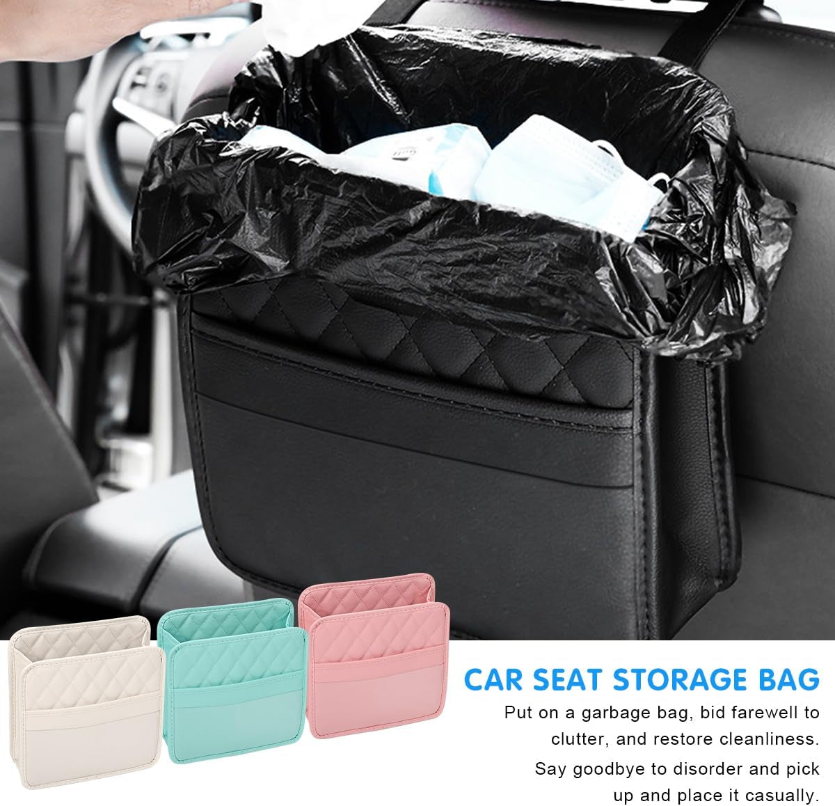 Car Seat Back Organizer, PU Leather Vehicle Backseat Hanging Storage Pocket, Multipurpose Auto Travel Essentials Accessories for Kids & Adults, Universal for Most Cars (Black)