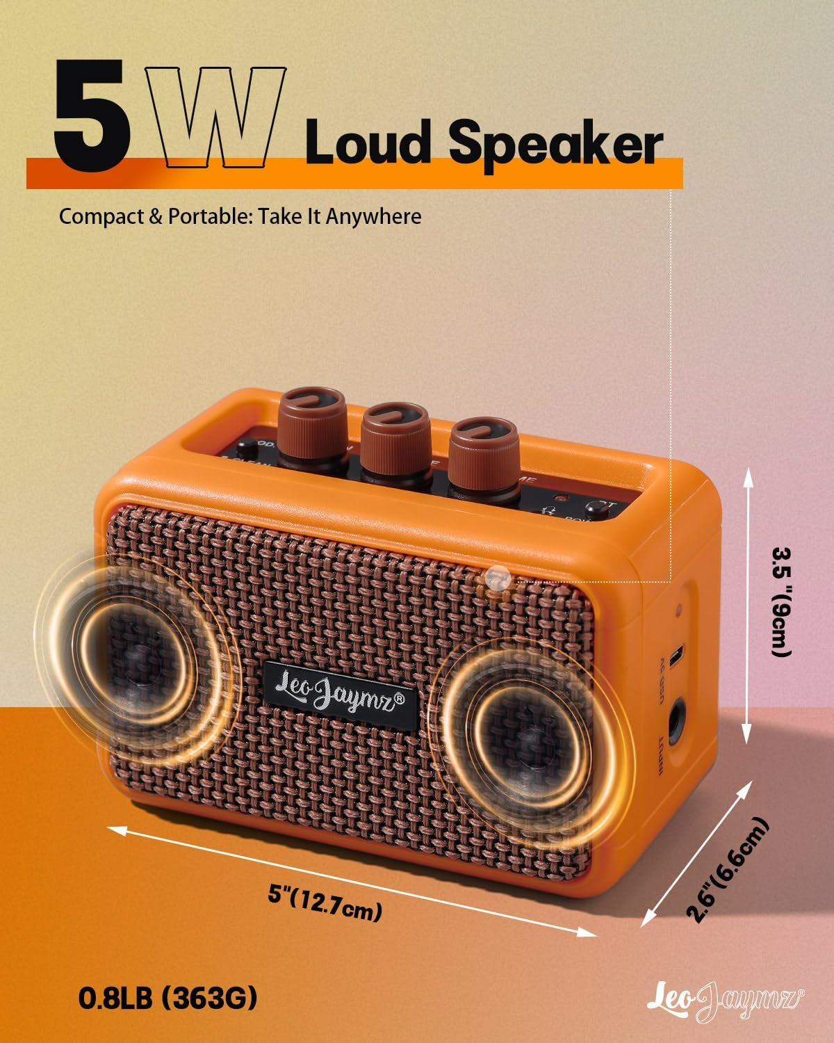Mini Guitar Amplifier - 5W Dual Speaker BT Wireless Guitar Amp， Rechargeable Battery, Clean/Overdrive Modes, Headphone Jack,Ideal for Practice & Performance (Orange)