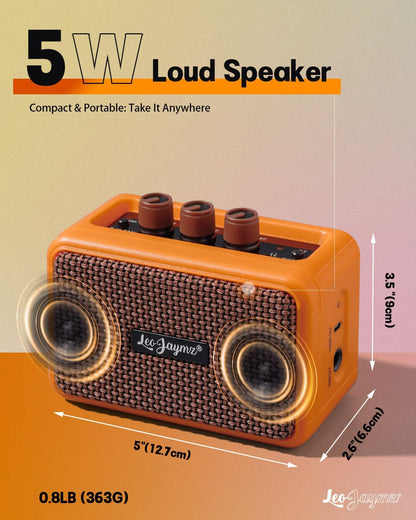 Mini Guitar Amplifier - 5W Dual Speaker BT Wireless Guitar Amp， Rechargeable Battery, Clean/Overdrive Modes, Headphone Jack,Ideal for Practice & Performance (Orange)