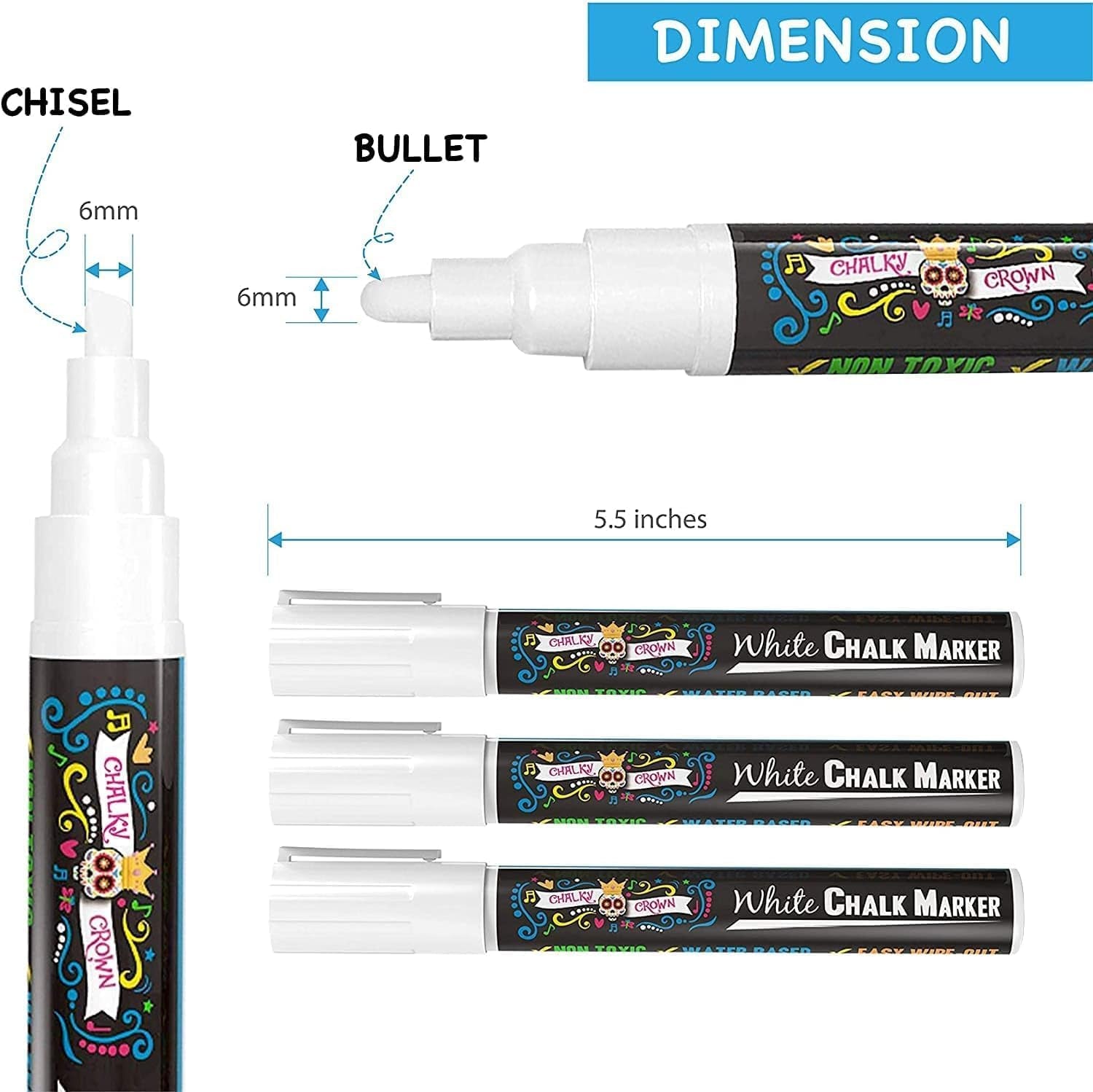 Liquid Chalk Marker Pen - White Drawing Chalk - Chalkboard Markers for Chalkboard Signs, Windows, Blackboard, Glass - 6Mm Reversible Tip (5 Pack)