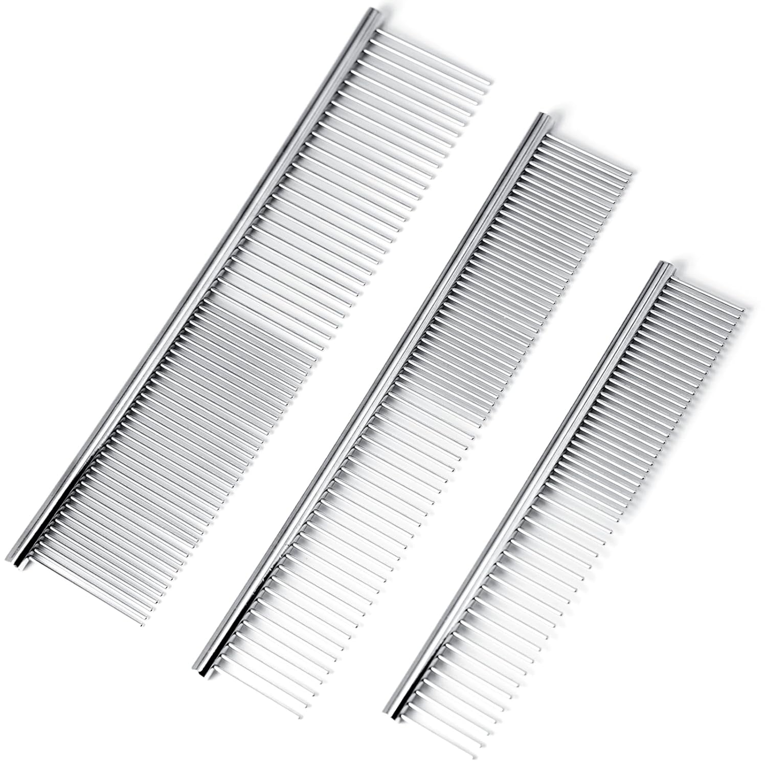 [3 Pack] Stainless Steel Pet Comb Set – Grooming Combs for Dogs & Cats, Large Medium Small Sizes – Detangler, Undercoat Rake, Flea Removal Tool for Long, Short, Curly Hair
