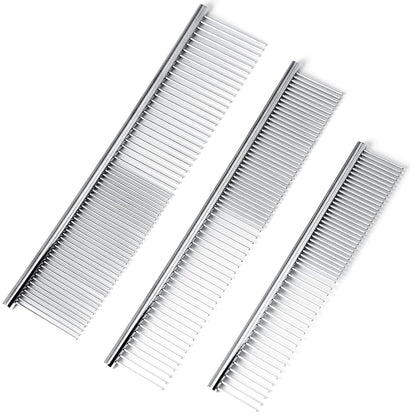[3 Pack] Stainless Steel Pet Comb Set – Grooming Combs for Dogs & Cats, Large Medium Small Sizes – Detangler, Undercoat Rake, Flea Removal Tool for Long, Short, Curly Hair