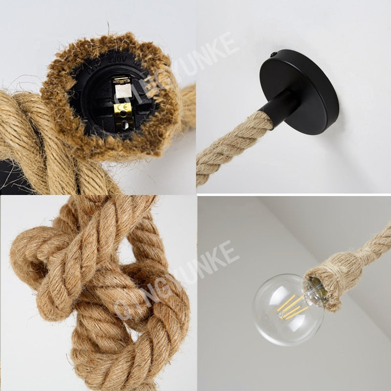 Hemp Rope Led Vintage Rattan Hanging Light