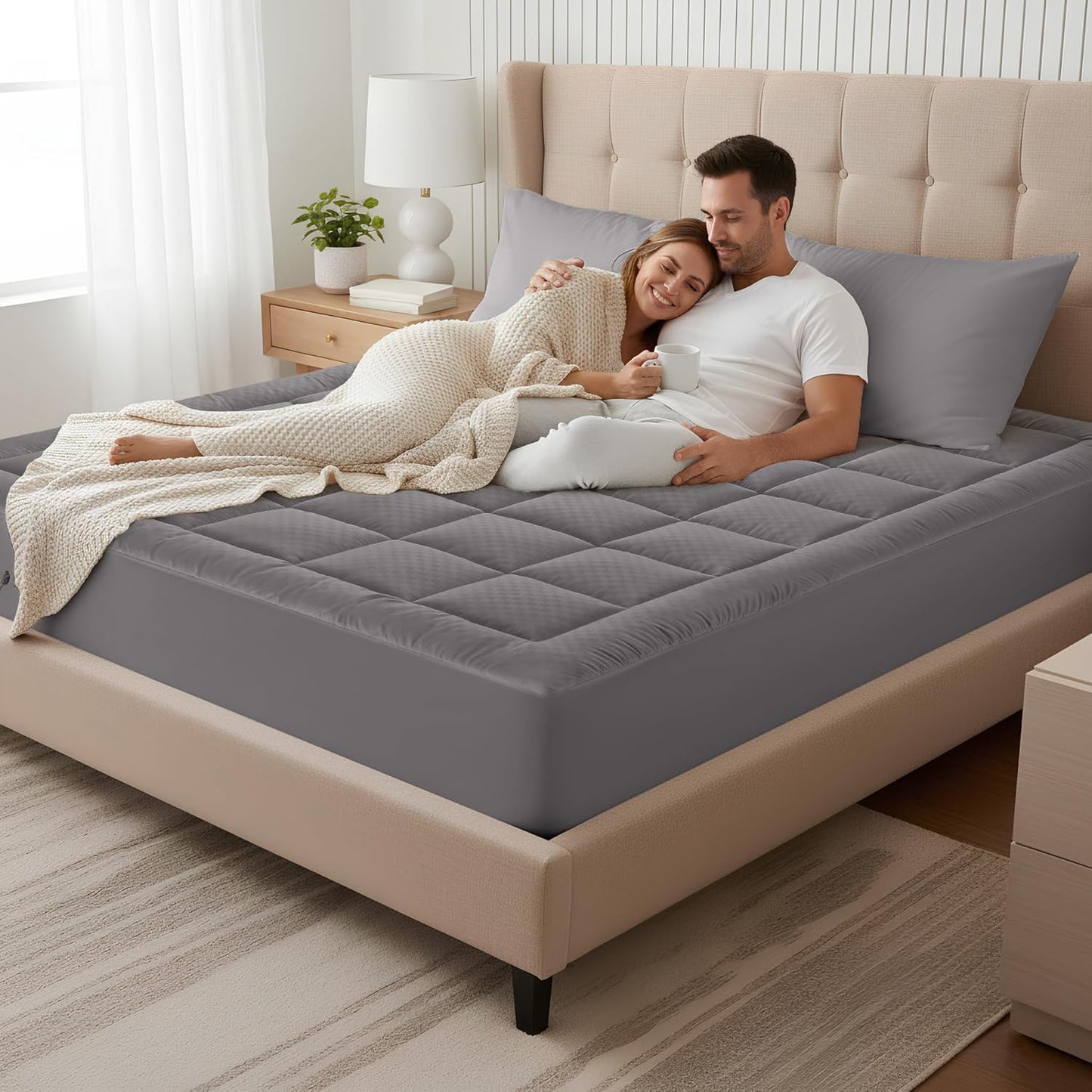 Full Quilted Fitted Mattress Pad – Soft down Alternative Pillow Top Mattress Topper, Cooling Comfort Breathable Mattress Cover, Machine Washable Deep Pocket Mattress Protector, Dark Grey