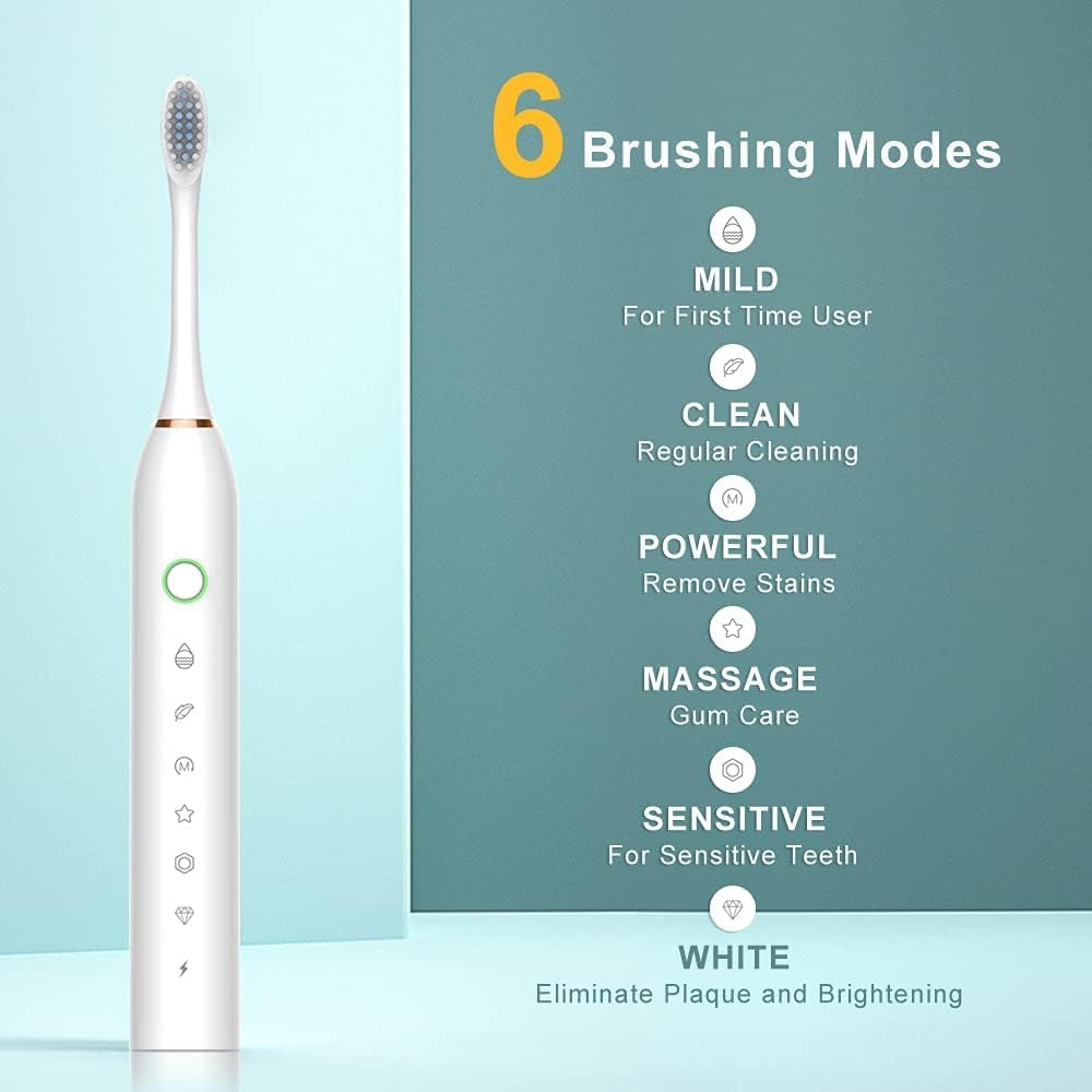 Electric Toothbrush for Adults and Kids, Wireless Rechargeable Tooth Brush with 6 Replacement Heads, 6 Modes, Deep Clean Sonic Toothbrush to Protect Gums, USB Fast Charging, 2 Minute Timer