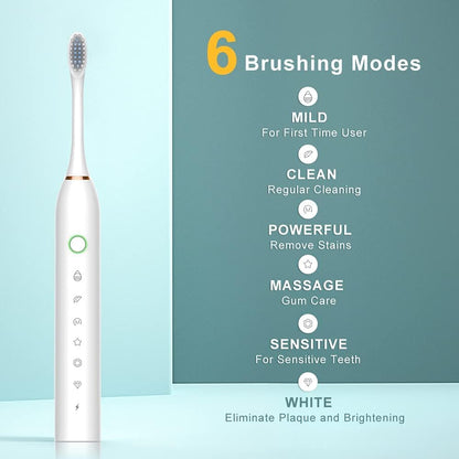 Electric Toothbrush for Adults and Kids, Wireless Rechargeable Tooth Brush with 6 Replacement Heads, 6 Modes, Deep Clean Sonic Toothbrush to Protect Gums, USB Fast Charging, 2 Minute Timer