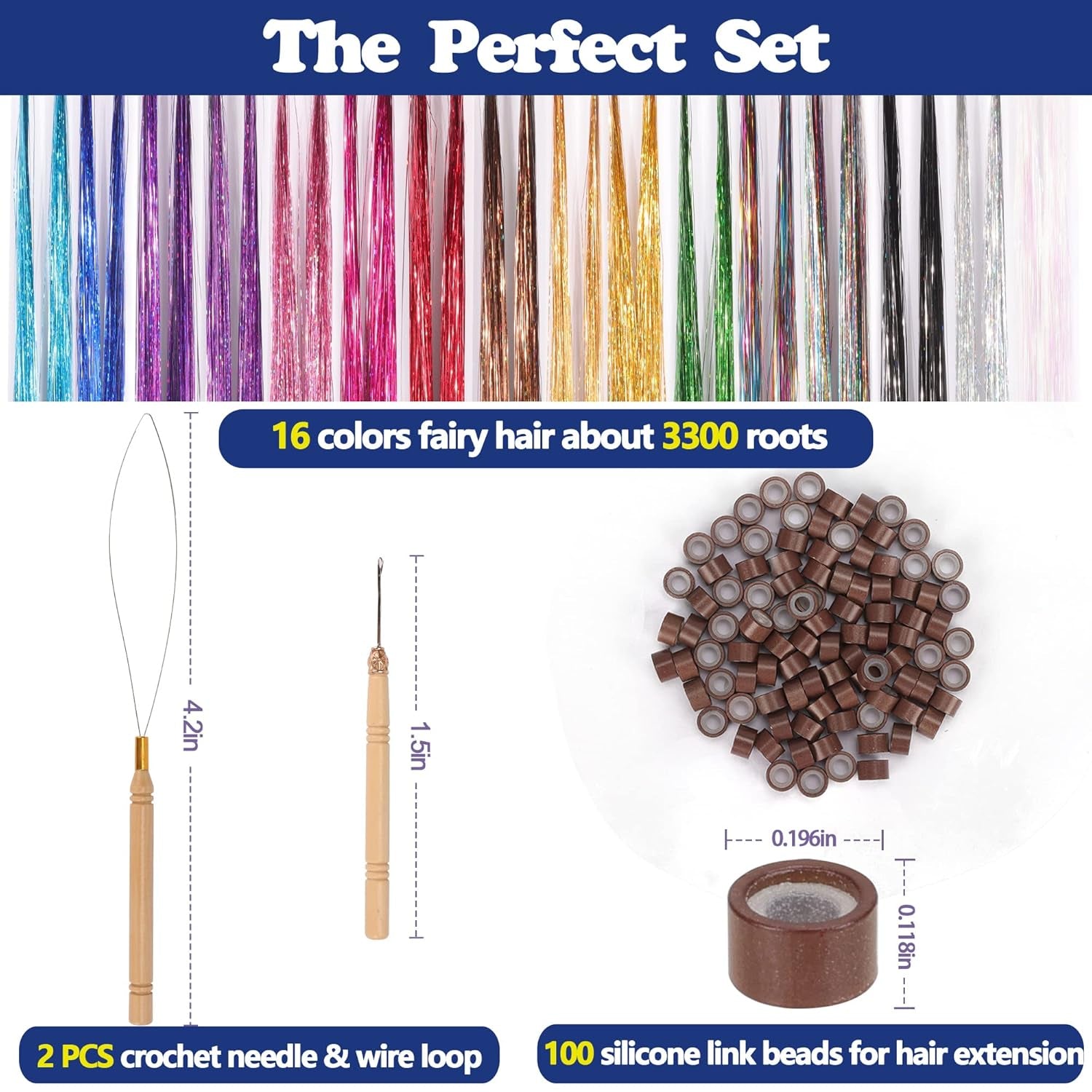 16 Colors Hair Tinsel Kit,  48 Inches 3300 Strands Tinsel Hair Extensions, Fairy for Christmas Halloween Cosplay Party, Highlights Sparkling Glitter Hair