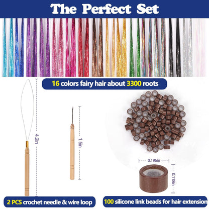 16 Colors Hair Tinsel Kit,  48 Inches 3300 Strands Tinsel Hair Extensions, Fairy for Christmas Halloween Cosplay Party, Highlights Sparkling Glitter Hair