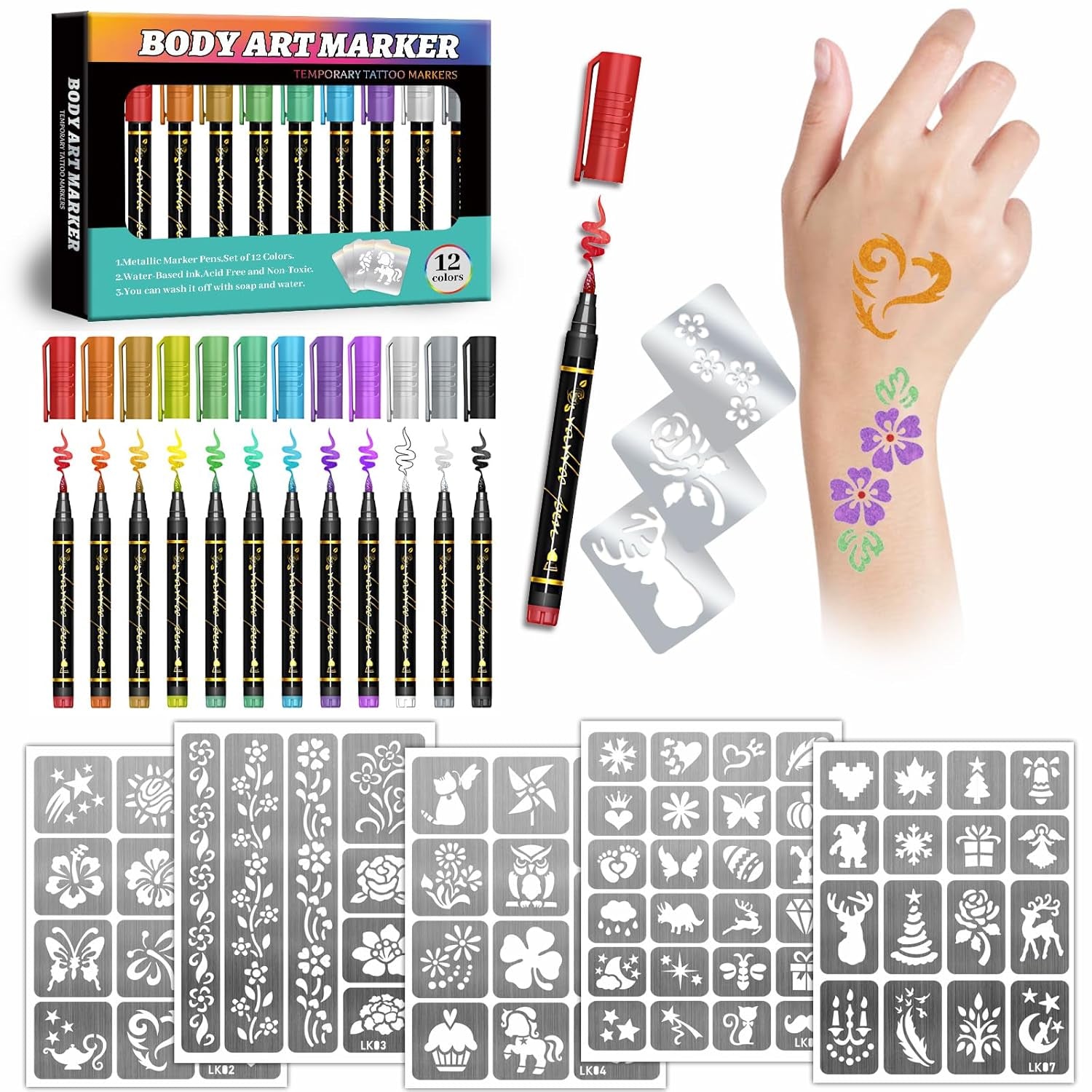 Temporary Tattoo Markers for Kids and Adults, 12 Metallic Markers and 155 Tattoo Stencil Designs, Cosmetic Tattoos Pens for Party Favor Gift and Face Painting