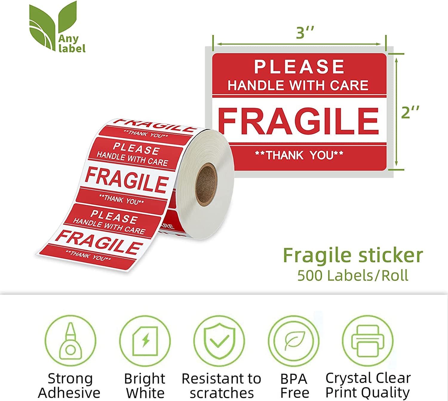 3" X 2" Fragile Stickers for Shipping and Moving Please Handle with Care Fragile Thank You Permanent Adhesive (2 Rolls, 1000 Labels)
