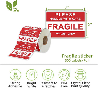 3" X 2" Fragile Stickers for Shipping and Moving Please Handle with Care Fragile Thank You Permanent Adhesive (2 Rolls, 1000 Labels)