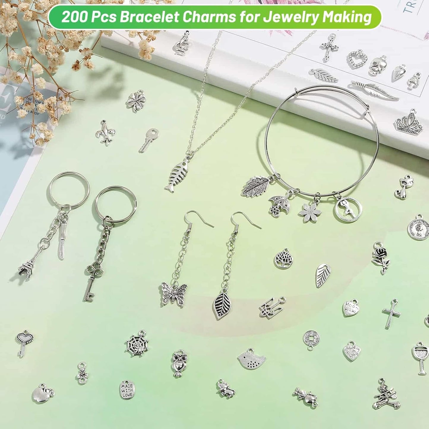 200Pcs Silver Charms for Jewelry Making and Bracelets, Wholesale Bulk Assorted Mixed Tibetan Earring Charms for DIY Necklace Bracelet Jewelry Making and Crafting