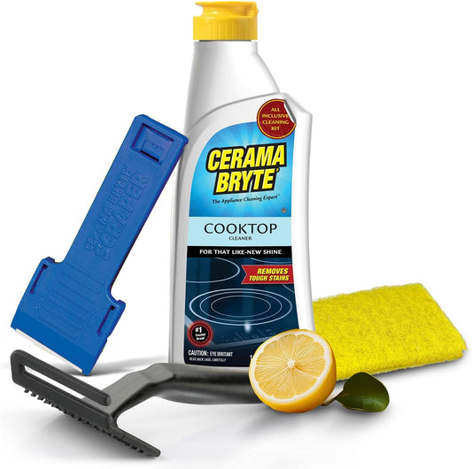 Glass Cooktop and Stove Top Cleaner Combo Kit - Includes Cleaning Tool, Razor, Scraper and 1 Pad to Remove Tough Stains - Use on Gas, Electric, Ceramic Surfaces, 10 Ounces, 4 Piece
