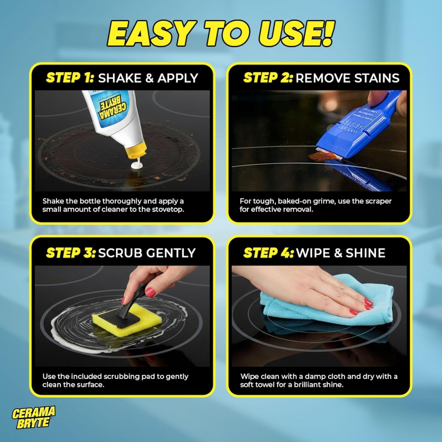 Glass Cooktop and Stove Top Cleaner Combo Kit - Includes Cleaning Tool, Razor, Scraper and 1 Pad to Remove Tough Stains - Use on Gas, Electric, Ceramic Surfaces, 10 Ounces, 4 Piece