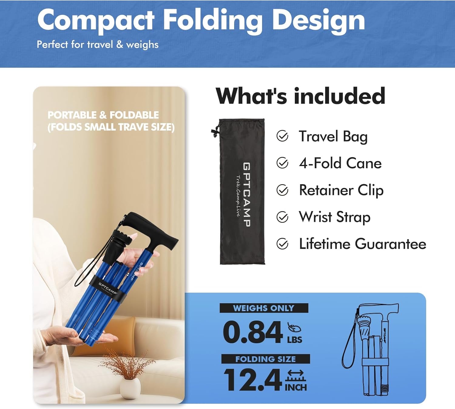 G2 Walking Stick, Fold-Up Walking Cane for Women and Men with Wrist Strap, Portable, Foldable, Collapsible, Lightweight and Sturdy with Comfortable T Handle