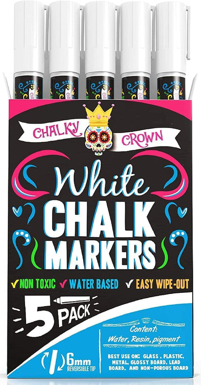 Liquid Chalk Marker Pen - White Drawing Chalk - Chalkboard Markers for Chalkboard Signs, Windows, Blackboard, Glass - 6Mm Reversible Tip (5 Pack)
