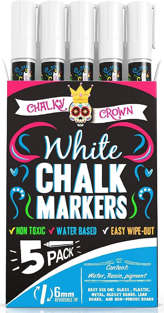 Liquid Chalk Marker Pen - White Drawing Chalk - Chalkboard Markers for Chalkboard Signs, Windows, Blackboard, Glass - 6Mm Reversible Tip (5 Pack)