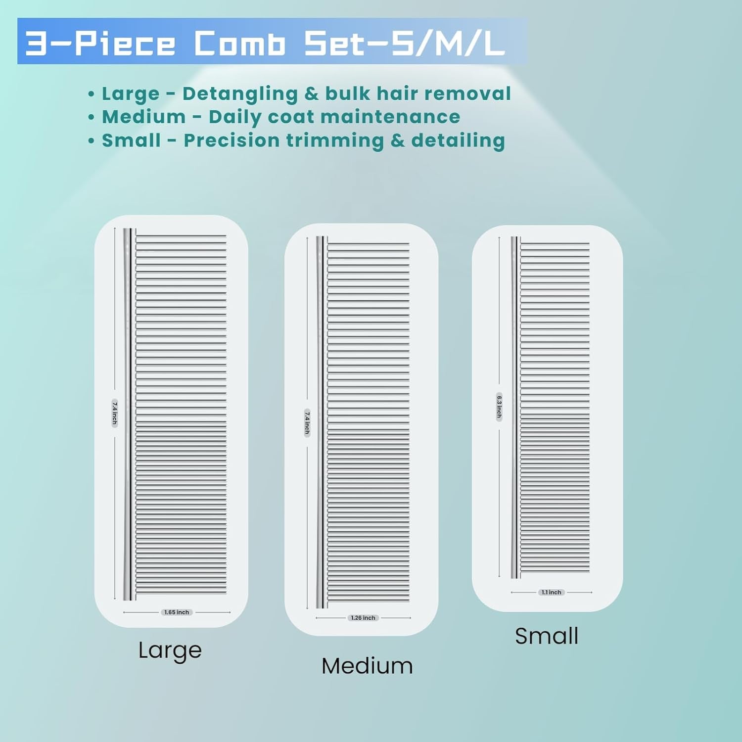 [3 Pack] Stainless Steel Pet Comb Set – Grooming Combs for Dogs & Cats, Large Medium Small Sizes – Detangler, Undercoat Rake, Flea Removal Tool for Long, Short, Curly Hair