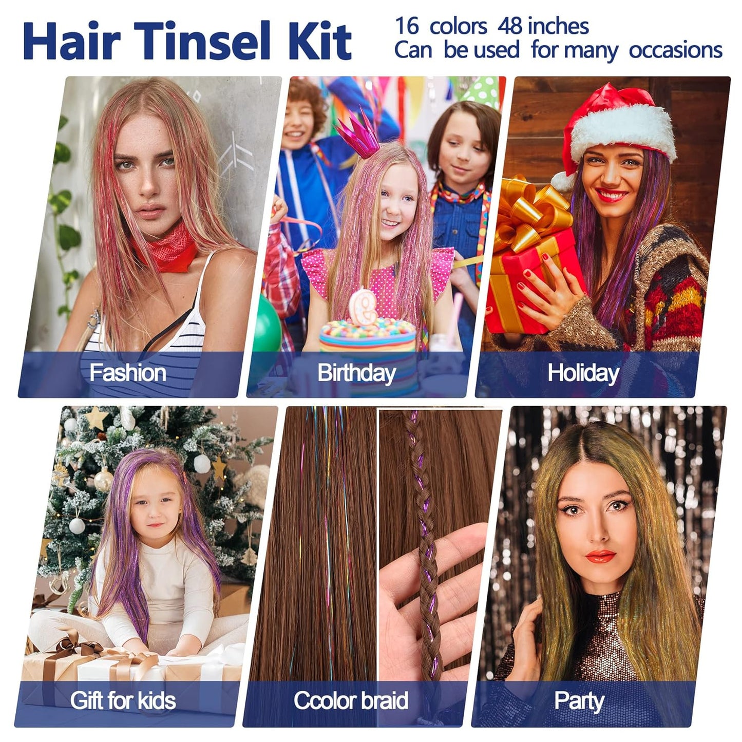 16 Colors Hair Tinsel Kit,  48 Inches 3300 Strands Tinsel Hair Extensions, Fairy for Christmas Halloween Cosplay Party, Highlights Sparkling Glitter Hair