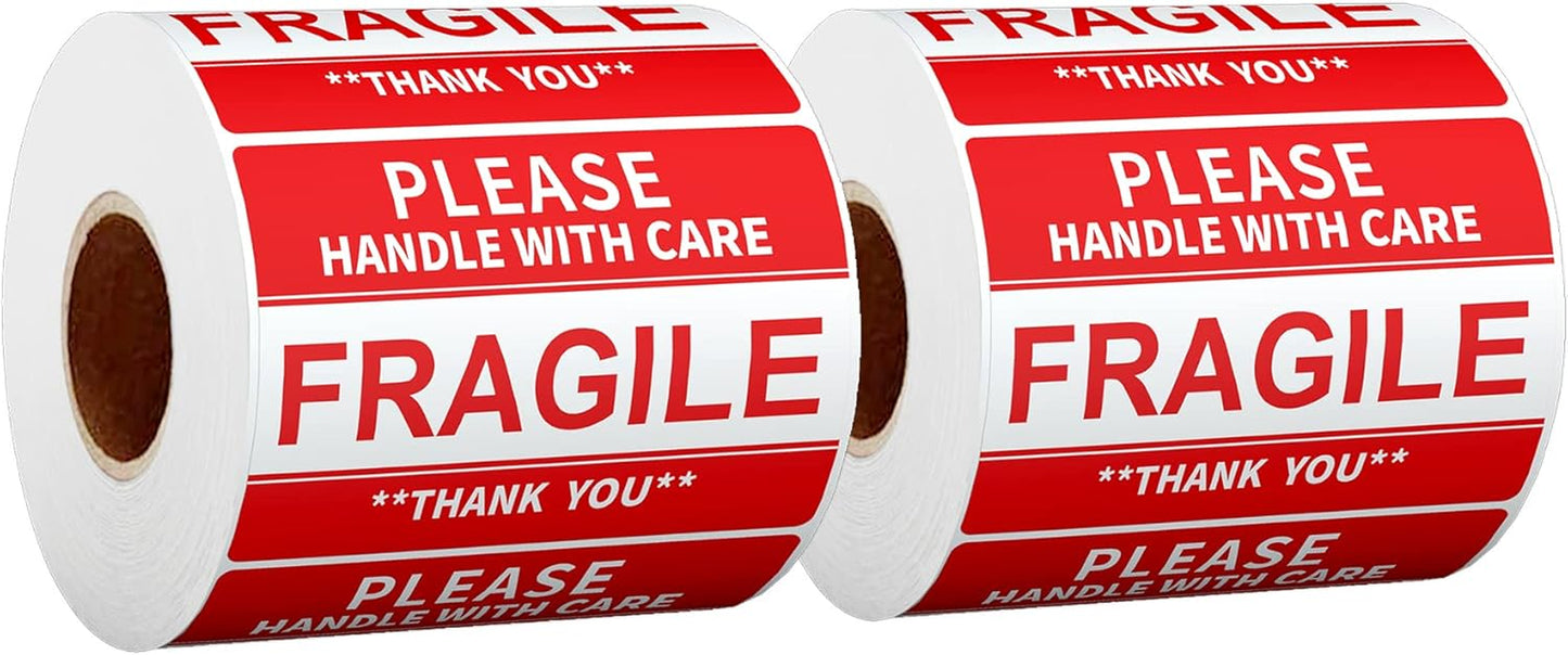 3" X 2" Fragile Stickers for Shipping and Moving Please Handle with Care Fragile Thank You Permanent Adhesive (2 Rolls, 1000 Labels)