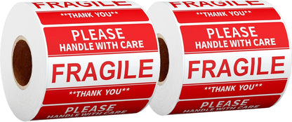 3" X 2" Fragile Stickers for Shipping and Moving Please Handle with Care Fragile Thank You Permanent Adhesive (2 Rolls, 1000 Labels)