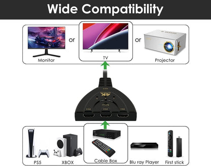 DS Distinctive Style HDMI Switch 3 in 1 Out HDMI Adapter for TV Supports Full HD 4K 1080P 3D