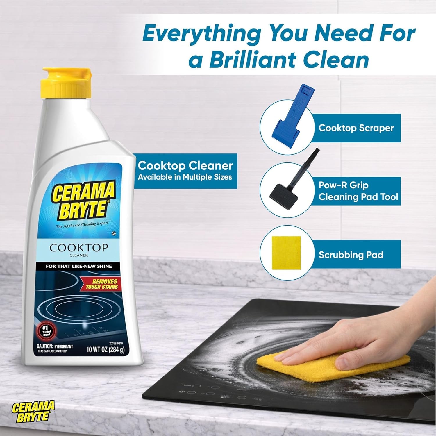 Glass Cooktop and Stove Top Cleaner Combo Kit - Includes Cleaning Tool, Razor, Scraper and 1 Pad to Remove Tough Stains - Use on Gas, Electric, Ceramic Surfaces, 10 Ounces, 4 Piece