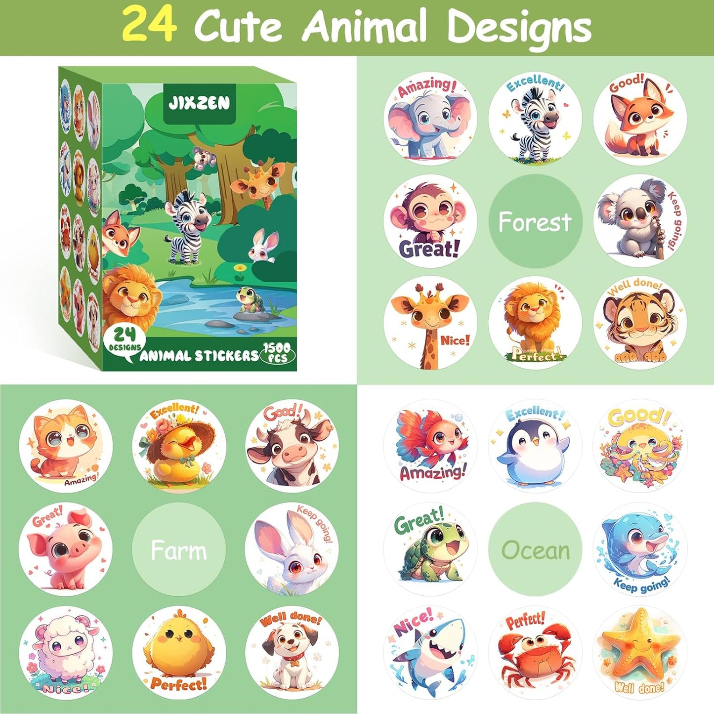 3 Rolls Animal Stickers for Kids, 1500 PCS Kids Stickers Bulk for Toddlers 2-4, 24 Designs Farm/Ocean/Wild Cute Sticker with Motivational Words for Kid Reward, School Supplies (1.0 Inch)
