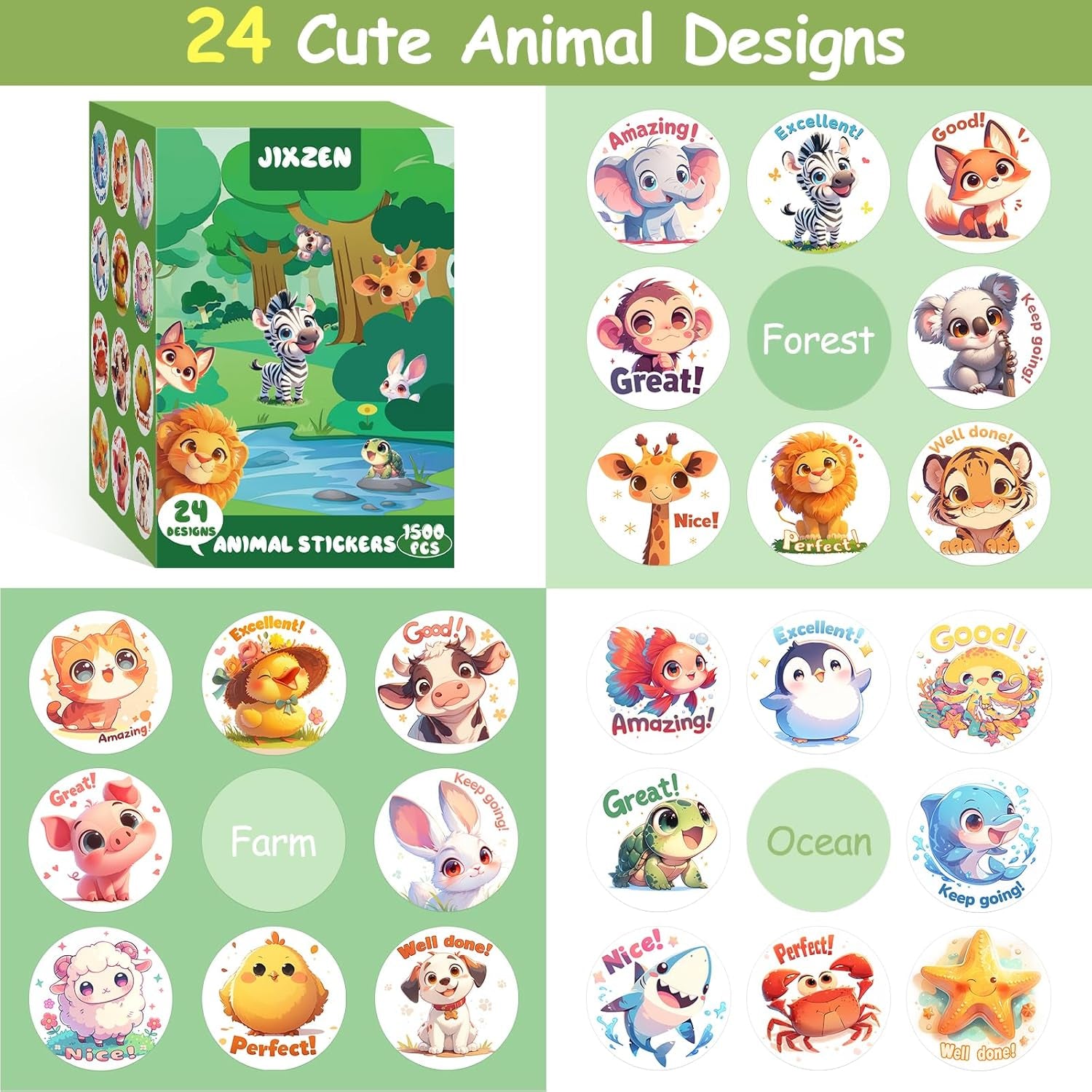 3 Rolls Animal Stickers for Kids, 1500 PCS Kids Stickers Bulk for Toddlers 2-4, 24 Designs Farm/Ocean/Wild Cute Sticker with Motivational Words for Kid Reward, School Supplies (1.0 Inch)