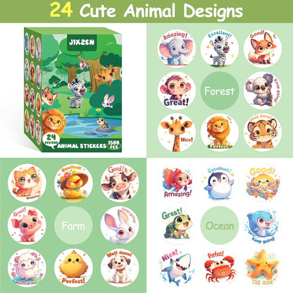 3 Rolls Animal Stickers for Kids, 1500 PCS Kids Stickers Bulk for Toddlers 2-4, 24 Designs Farm/Ocean/Wild Cute Sticker with Motivational Words for Kid Reward, School Supplies (1.0 Inch)